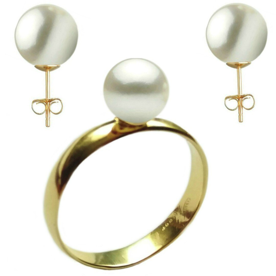 Set Aur Cercei cu Surub si Inel cu Perle Naturale Premium Albe, marimea 18,9 mm