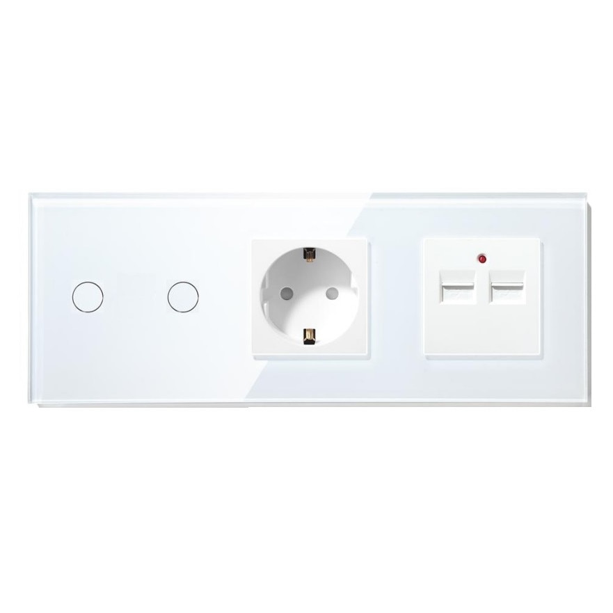 Intrerupator Smart Touch dublu cap scara/cruce WiFi compatibil cu Alexa, Google Home, IFTTT Alb+Priza+2xUSB 3.1A