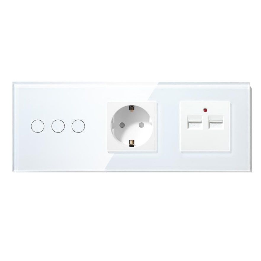 Intrerupator Smart Touch triplu cap scara/cruce WiFi compatibil cu Alexa, Google Home, IFTTT Alb+Priza+2xUSB 3.1A