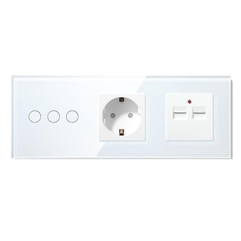 Intrerupator Smart Touch triplu cap scara/cruce WiFi compatibil cu Alexa, Google Home, IFTTT Alb+Priza+2xUSB 3.1A Intrerupator Smart Touch triplu cap scara/cruce WiFi compatibil cu Alexa, Google Home, IFTTT Alb+Priza+2xUSB 3.1A