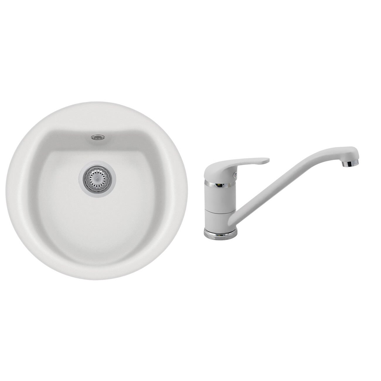 Set chiuveta granit Smart Fix Atlantic 51.10, 510 mm, adancime 220 mm + Baterie Smart Fix Quarmix, cartus ceramic, Bianco Latte, 100% Made in Italy