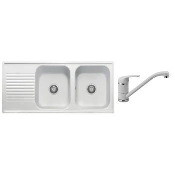 Set chiuveta granit Smart Fix Futura 116.20, 1160 x 500 mm, adancime 200 mm, cuva reversibila + Baterie Smart Fix Quarmix, cartus ceramic, Bianco Latte, 100% Made in Italy Set chiuveta granit Smart Fix Futura 116.20, 1160 x 500 mm, adancime 200 mm, cuva reversibila + Baterie Smart Fix Quarmix, cartus ceramic, Bianco Latte, 100% Made in Italy