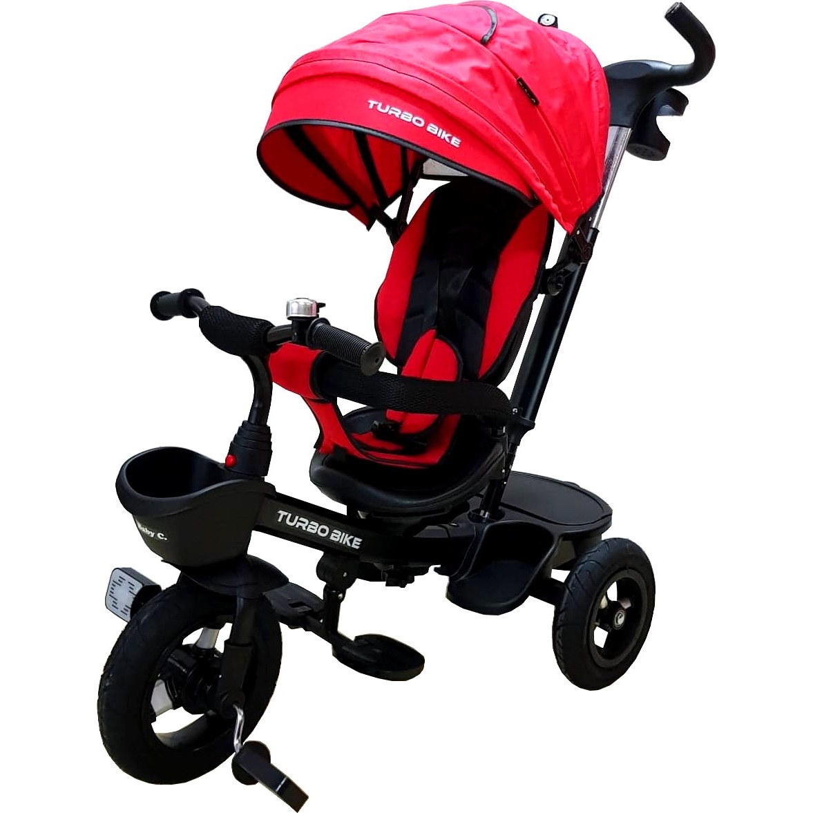 Tricicleta cu Baby Care™ Turbo Bike, roti din pozitie somn, pedale si maner pentru parinti, scaun reversibil cu invartire 360 grade, cadru metalic, 110X45X90 cm, Rosu -