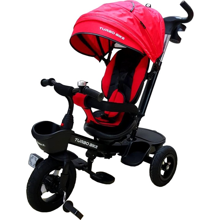 Триколка със сенник Baby Care, Turbo Bike, С гумени колела, позиция за сън, педали и дръжка за родители, реверсивна седалка с въртене на 360 градуса, метална рамка, размери 110X45X90 см, Червен