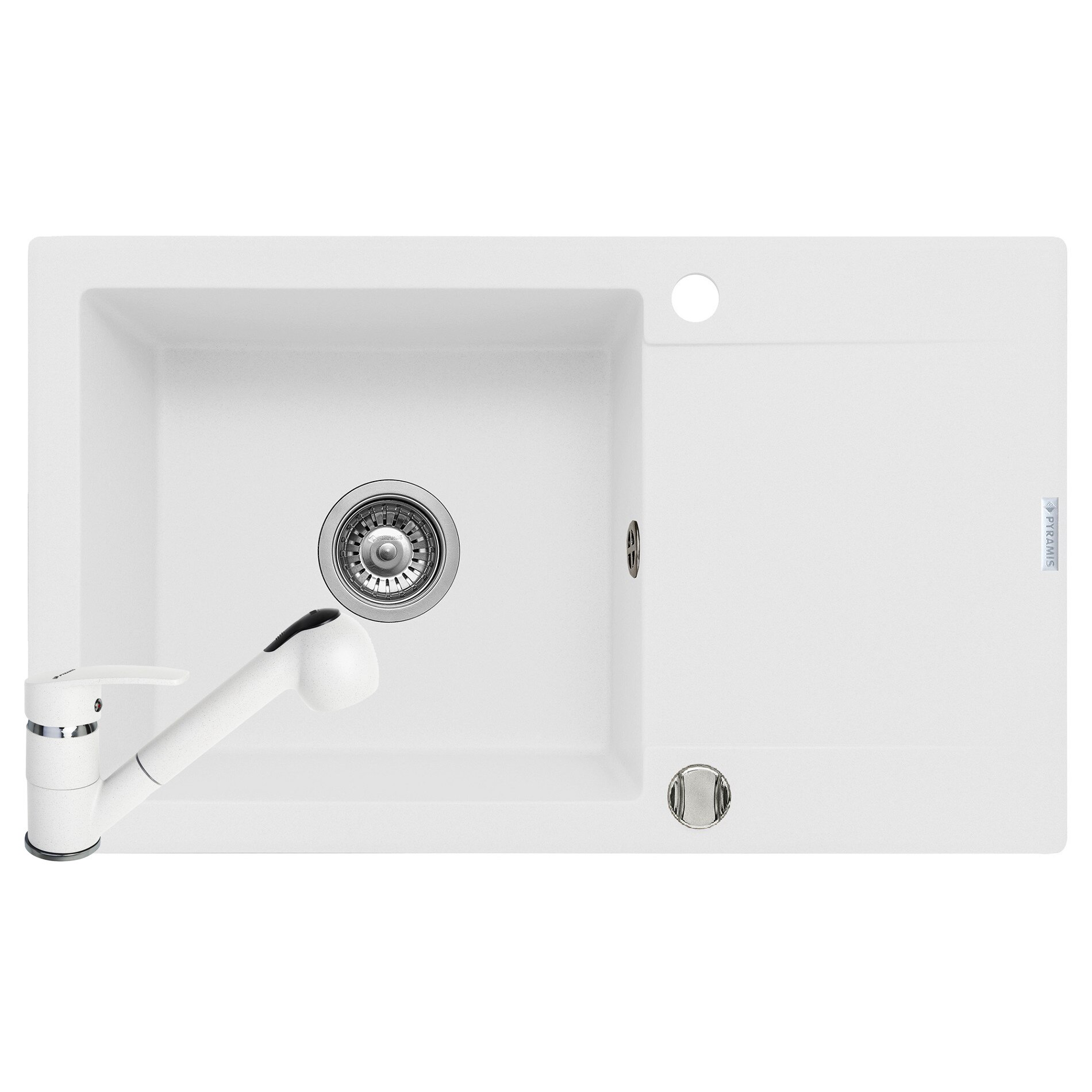 Set chiuveta Pyramis KORFU 780x460 1B1D & baterie FIDO, adancime 190mm, reversibila, cap extractabil, Pyragranite snow