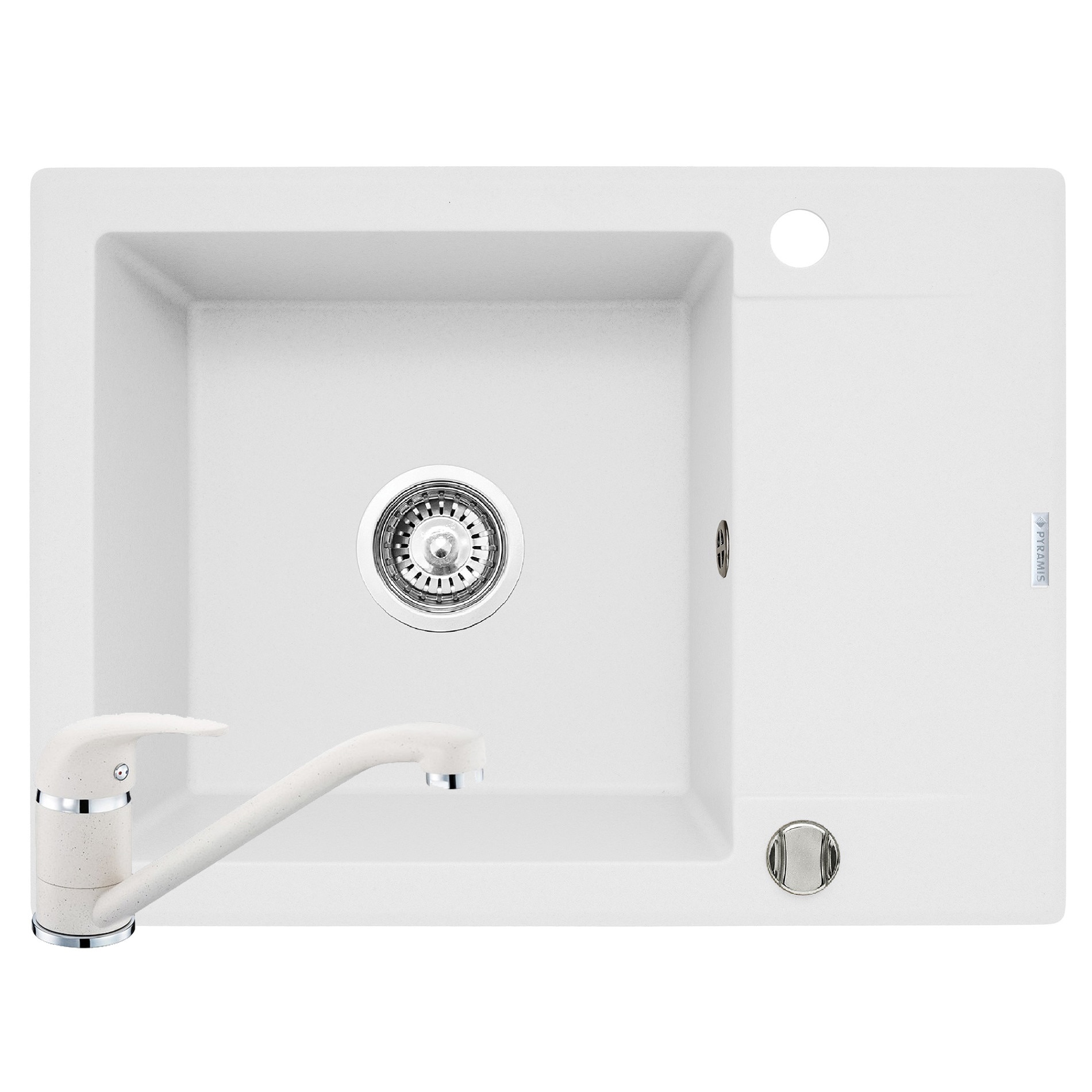 Set chiuveta Pyramis KORFU 620x460mm 1B1D & baterie ASALIA, adancime 185mm, reversibila, pipa lunga, Pyragranite snow