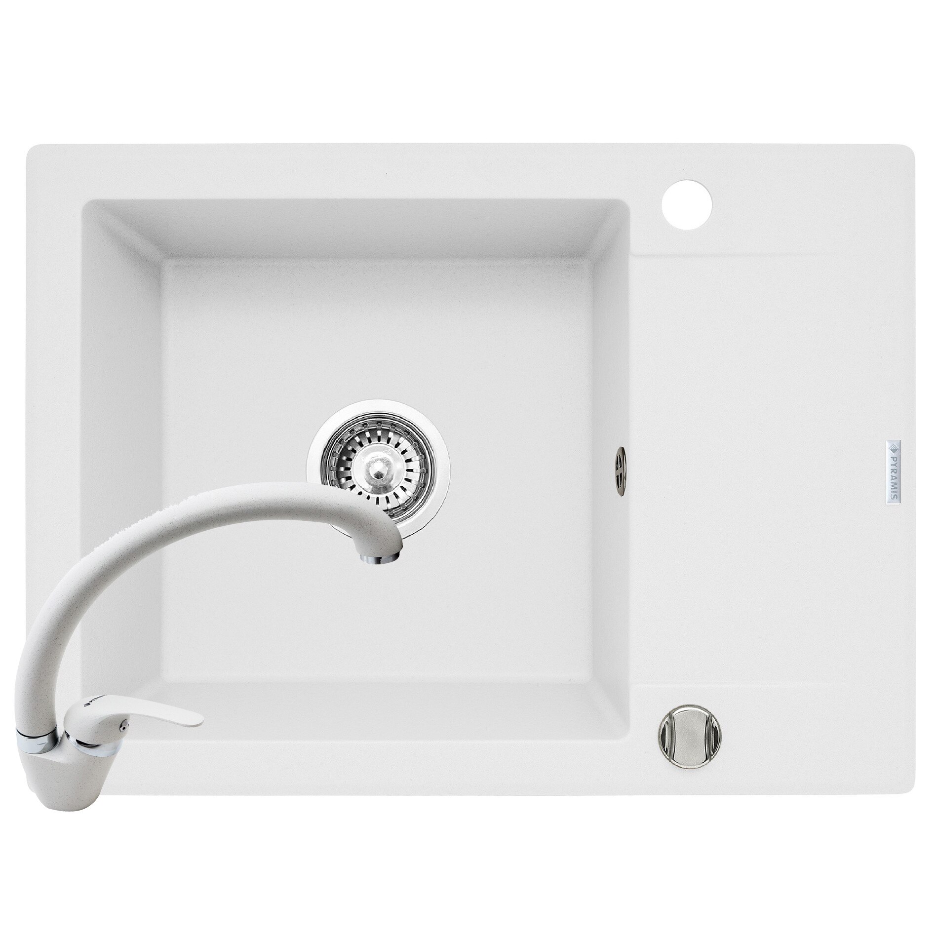 Set chiuveta Pyramis KORFU 620x460mm 1B1D & baterie OSSIA, adancime 185mm, reversibila, pipa inalta, Pyragranite snow