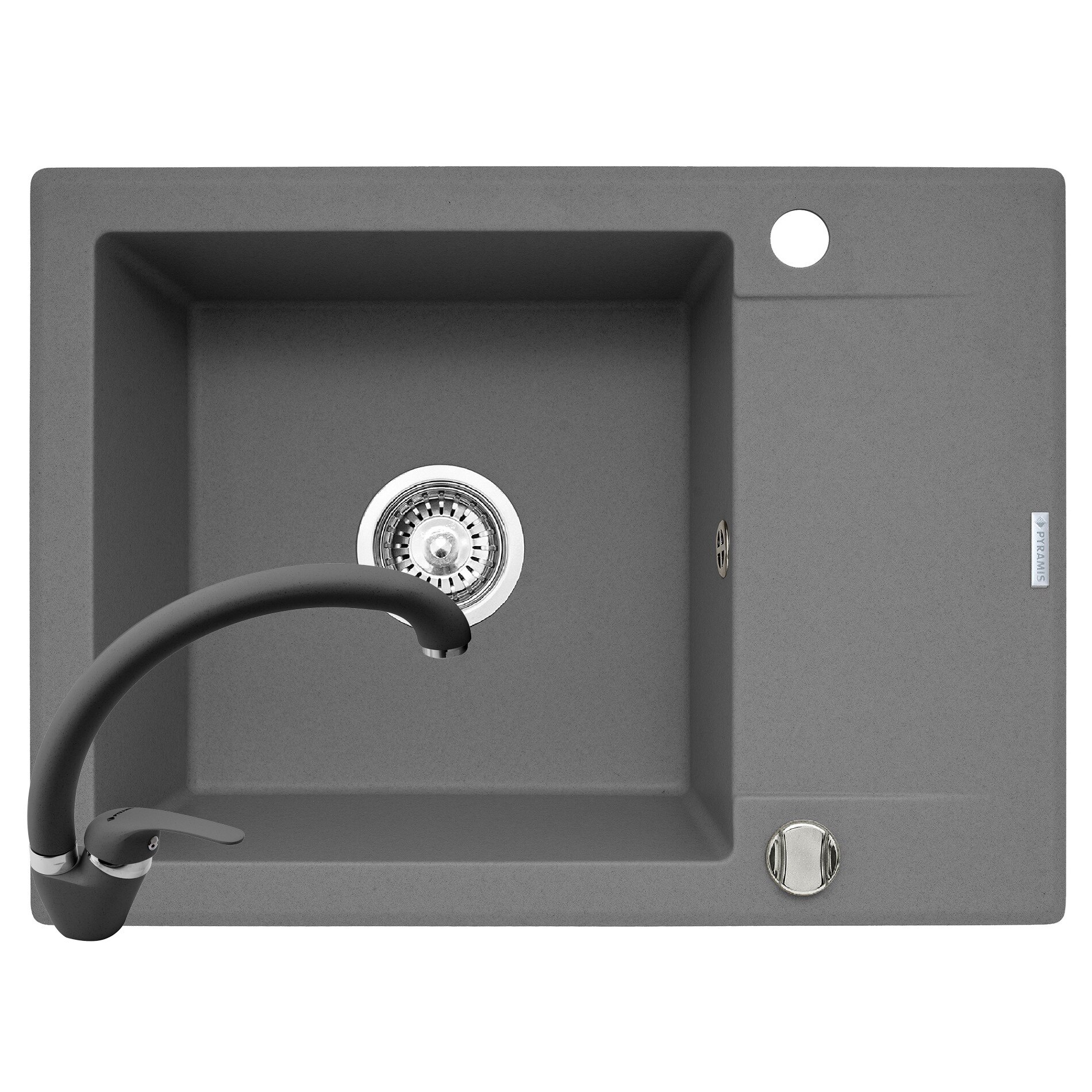 Set chiuveta Pyramis KORFU 620x460mm 1B1D & baterie OSSIA, adancime 185mm, reversibila, pipa inalta, Pyragranite gri