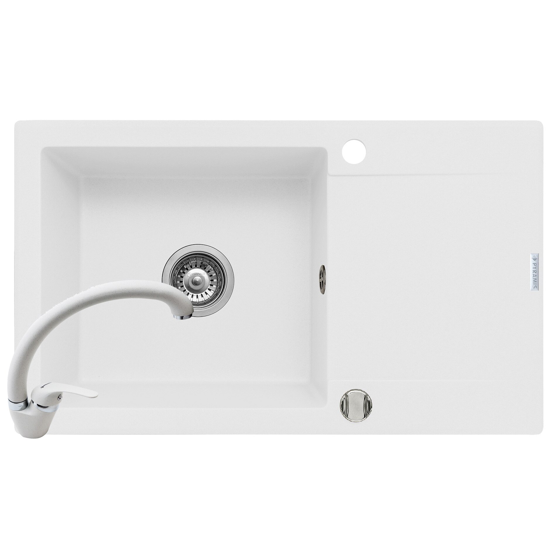 Set chiuveta Pyramis KORFU 780x460 1B1D & baterie OSSIA, adancime 190mm, reversibila, pipa inalta, Pyragranite snow