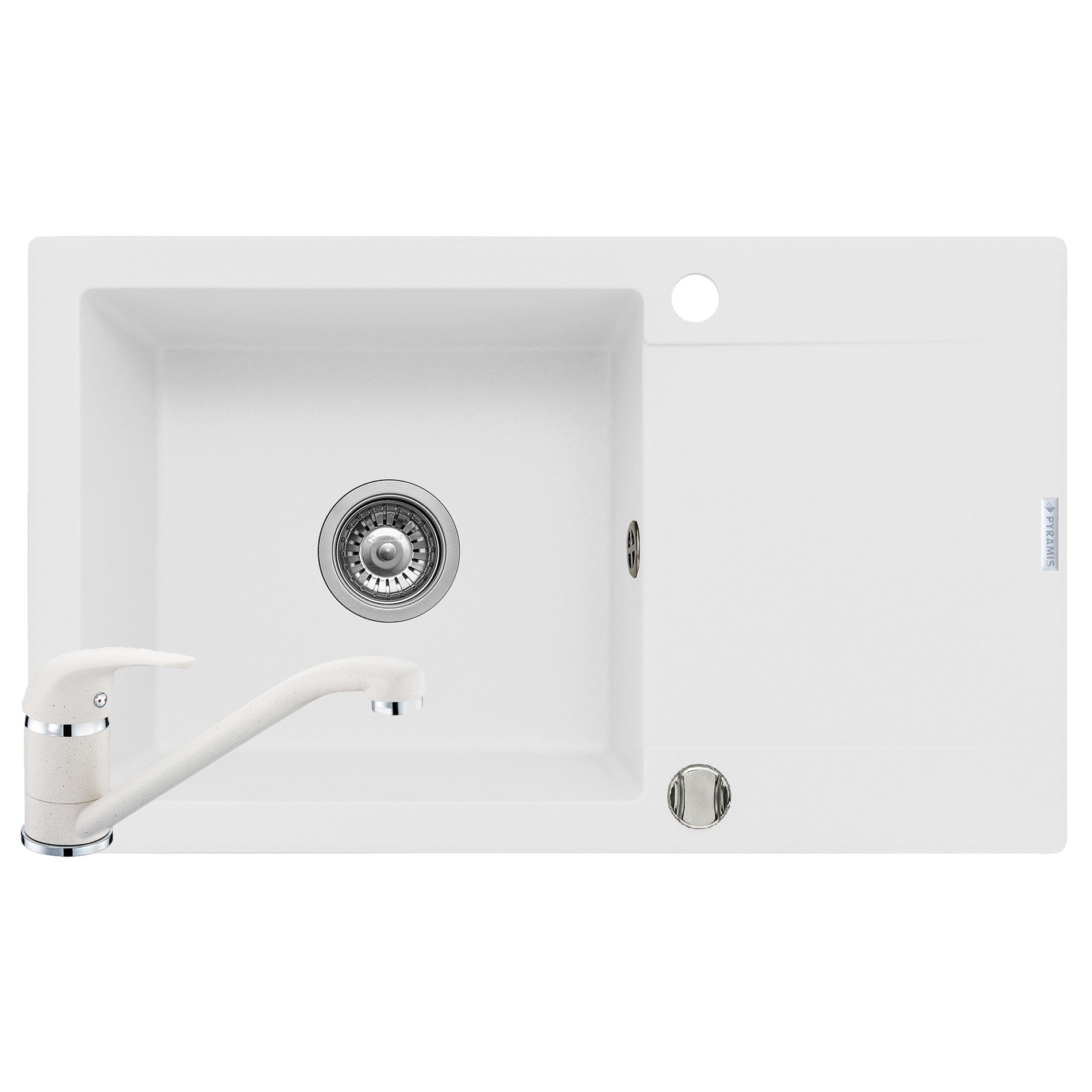 Set chiuveta Pyramis KORFU 780x460 1B1D & baterie ASALIA, adancime 190mm, reversibila, pipa lunga, Pyragranite snow