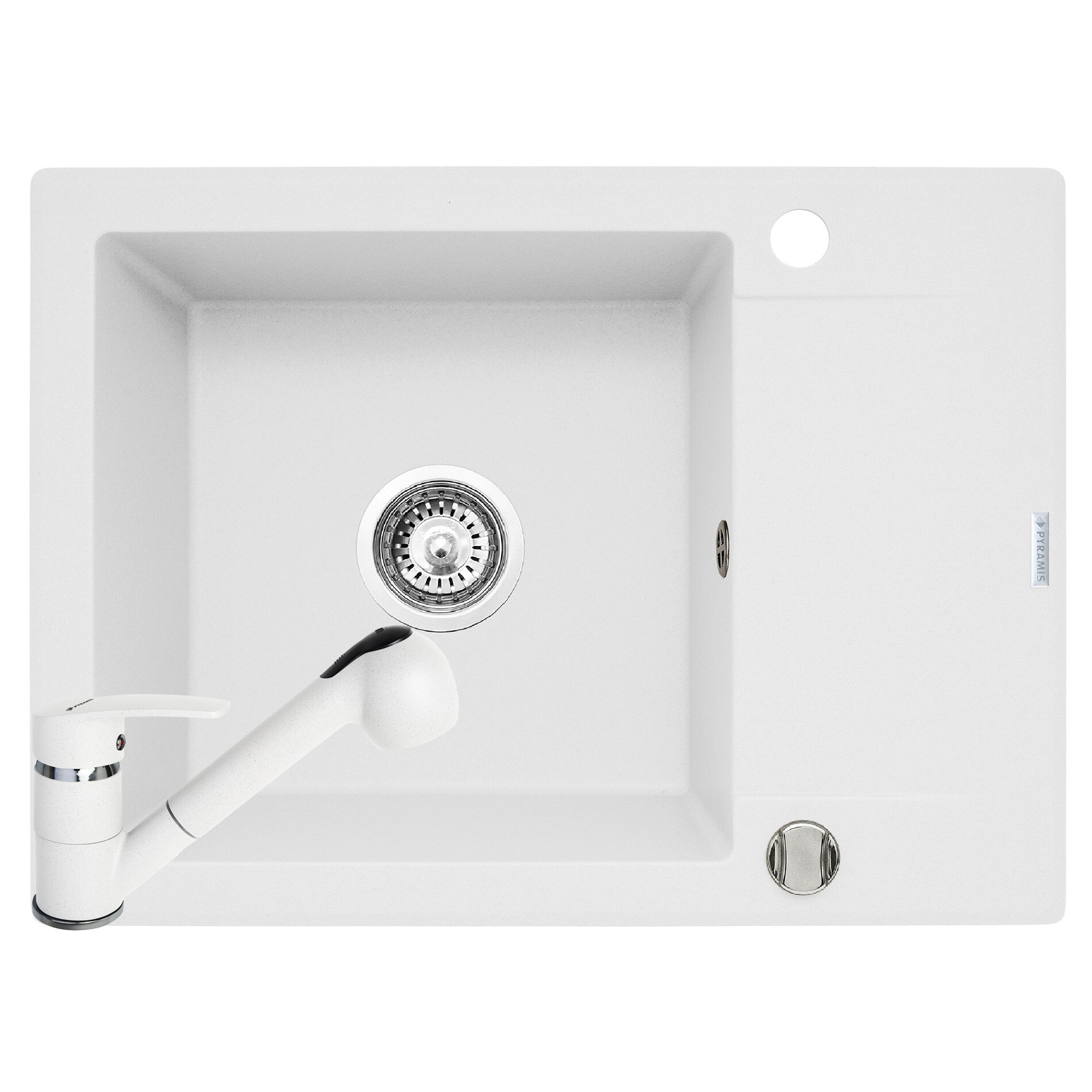 Set chiuveta Pyramis KORFU 620x460mm 1B1D & baterie FIDO, adancime 185mm, reversibila, cap extractabil, Pyragranite snow