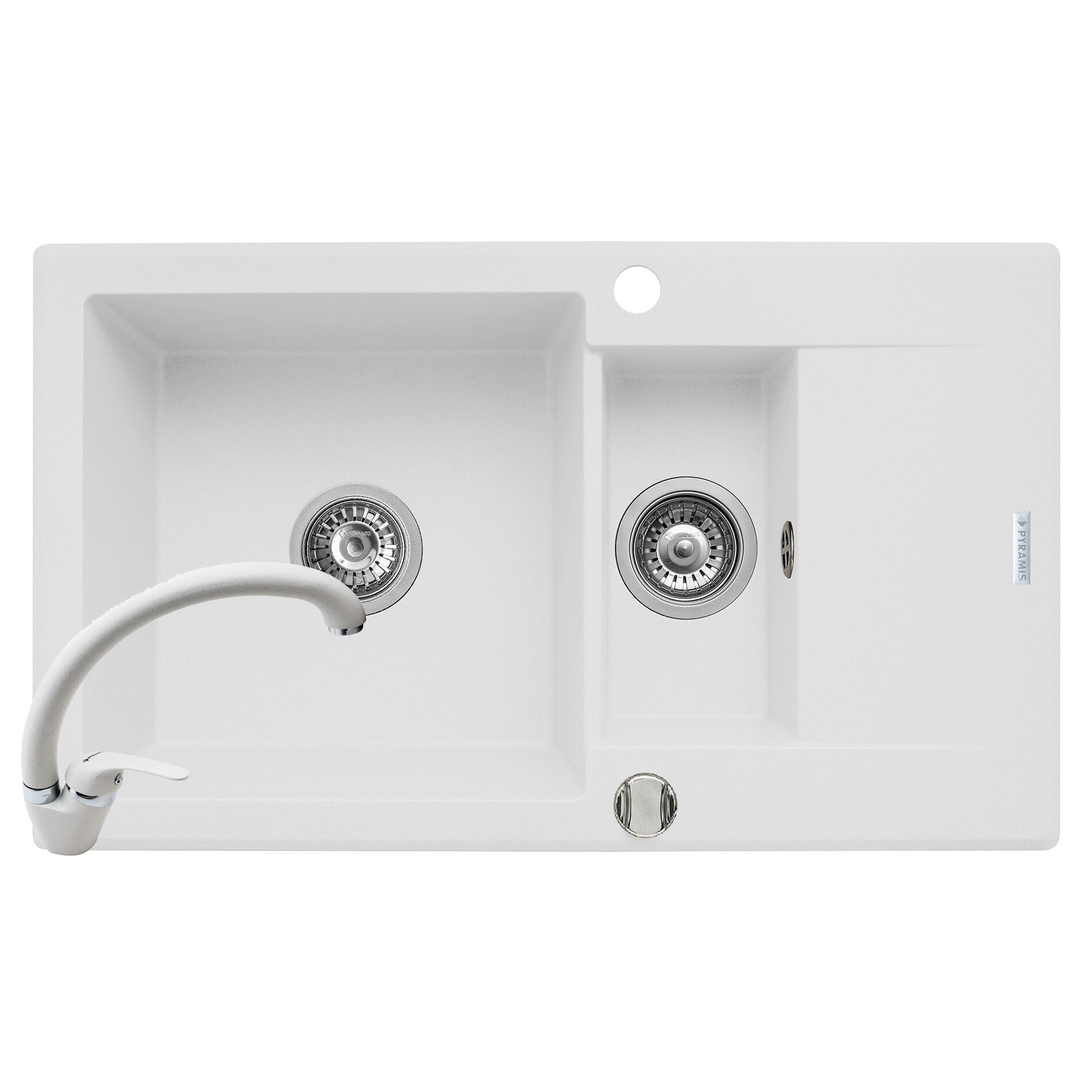 Set chiuveta Pyramis KORFU 780x460 1 1/2B 1D & baterie OSSIA, adancime 185mm, reversibila, pipa inalta, Pyragranite snow