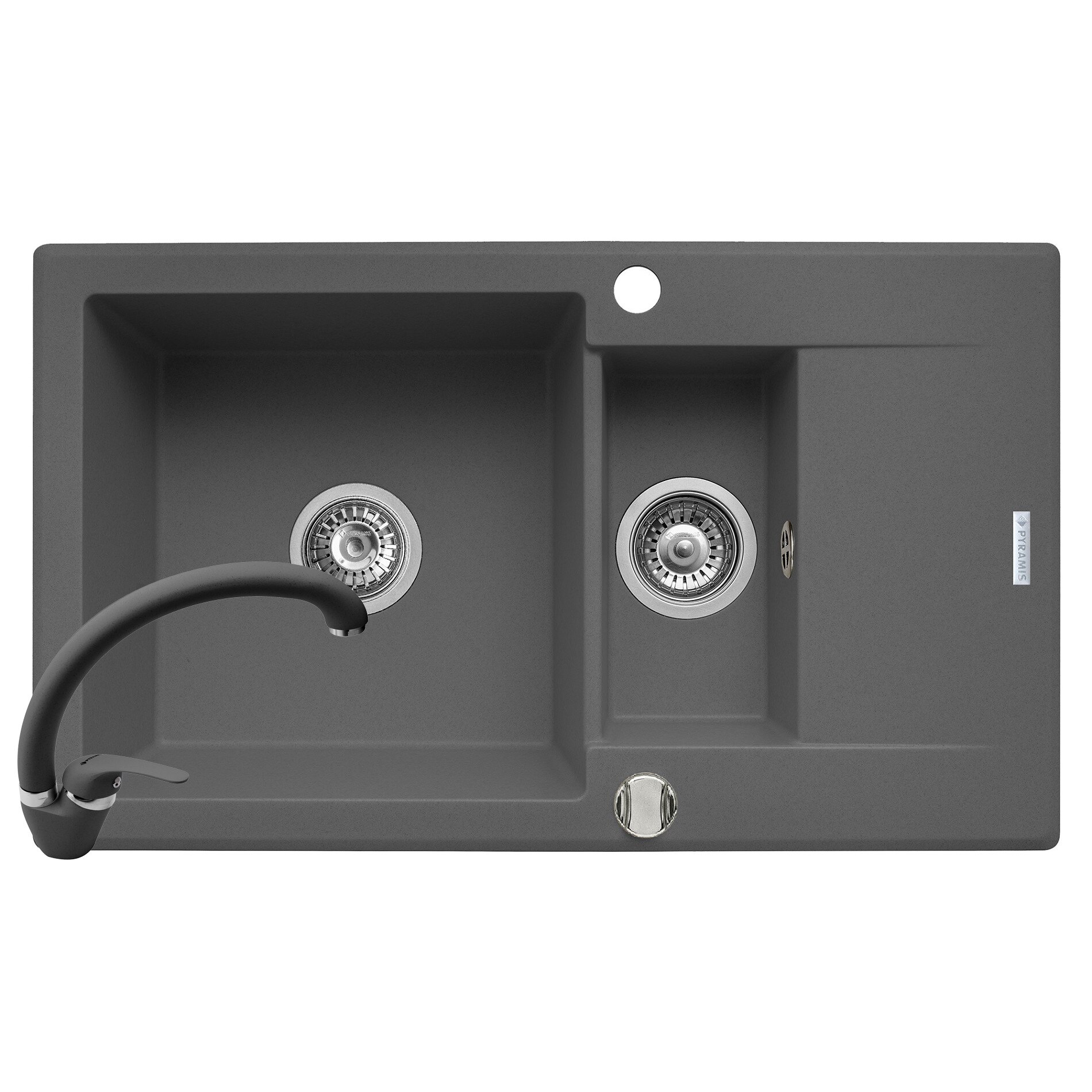 Set chiuveta Pyramis KORFU 780x460 1 1/2B 1D & baterie OSSIA, adancime 185mm, reversibila, pipa inalta, Pyragranite gri