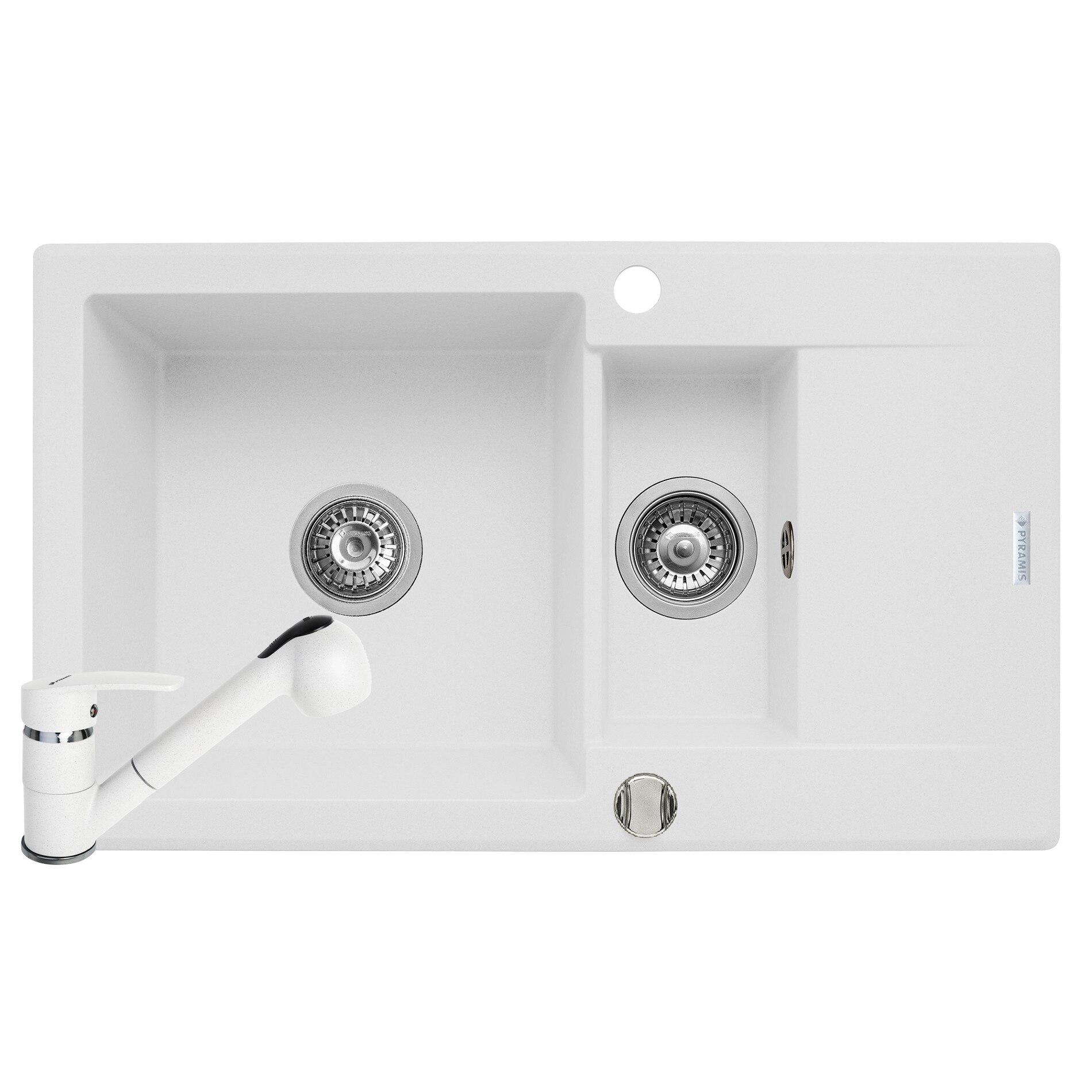 Set chiuveta Pyramis KORFU 780x460 1 1/2B 1D & baterie FIDO, adancime 185mm, reversibila, cap extractabil, Pyragranite snow