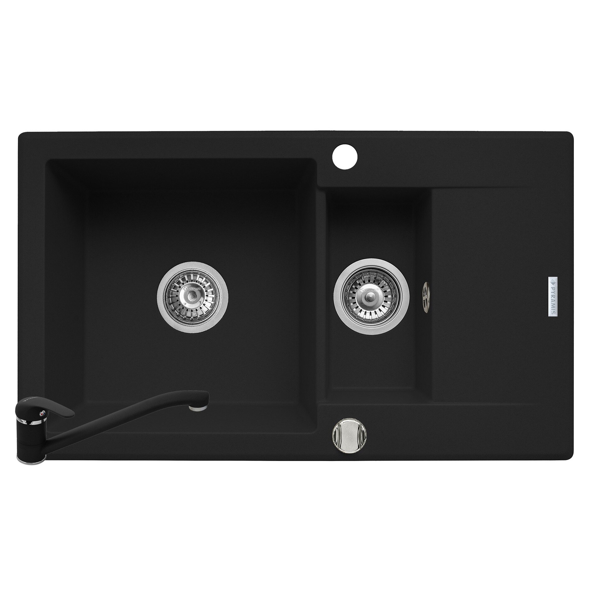 Set chiuveta Pyramis KORFU 780x460 1 1/2B 1D & baterie ASALIA, adancime 185mm, reversibila, pipa lunga, Pyragranite carbon