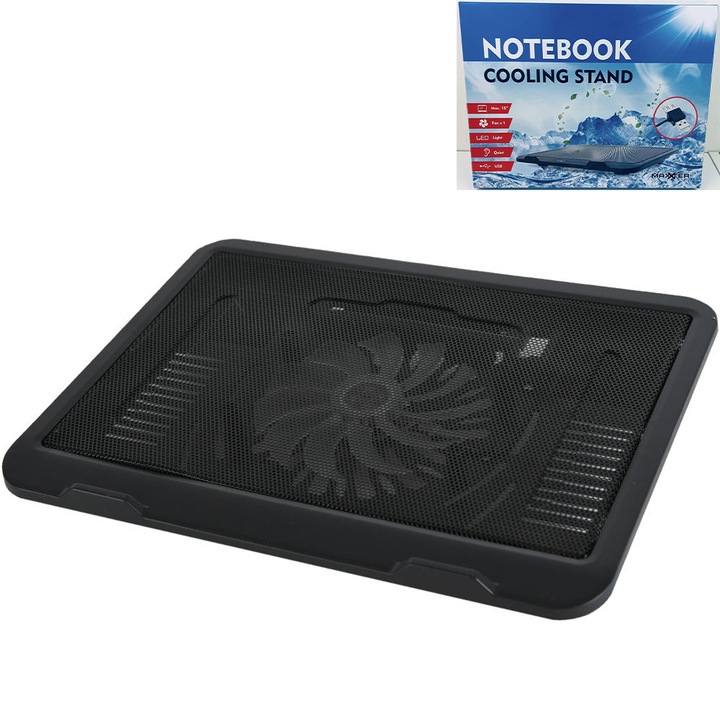 Cooler notebook, maxim 15", cooling stand cu 1 ventilator d12 cm, conexiune USB, iluminare LED, silentios, Maxxter, negru, 25 x 33 cm
