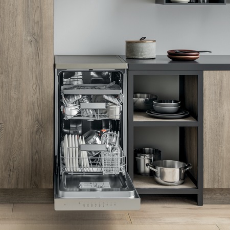 Masina de spalat vase Hotpoint HSFO 3T223 WC X, 10 seturi, 9 programe, Clasa E, 45 cm, Inox