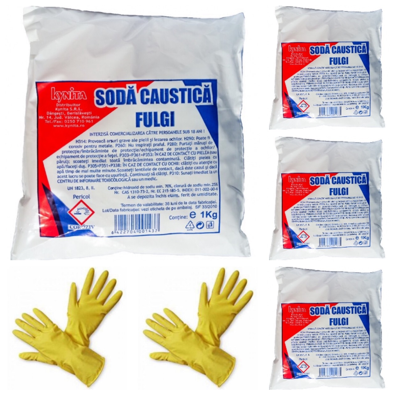 Pachet 4 x soda caustica fulgi, 1 kg + 2 x manusi din cauciuc