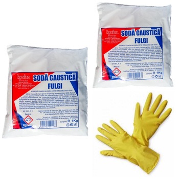 Pachet 2 x soda caustica fulgi ,1 kg + 1 x manusi din cauciuc Pachet 2 x soda caustica fulgi ,1 kg + 1 x manusi din cauciuc