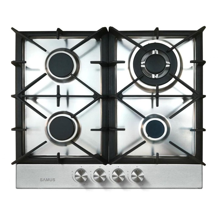 Plita incorporabila Samus PSG-64SX7, 4 arzatoare pe gaz, Aprindere electrica, Grilaj fonta, Inox
