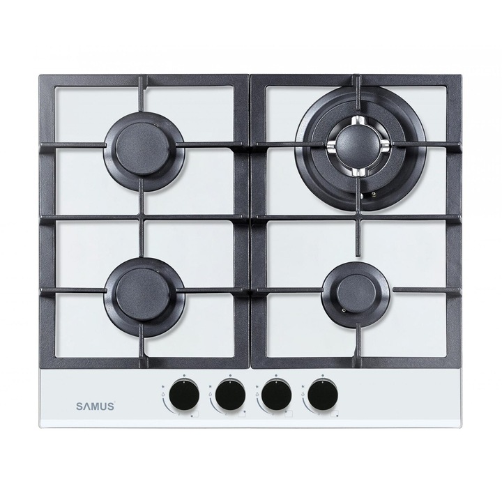 Plita incorporabila Samus PSG-64SG3 White, Gaz, 4 arzatoare, Aprindere electrica, Sticla Alba