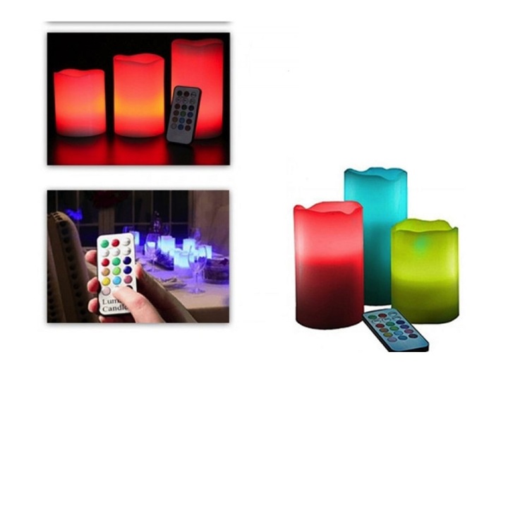 Комплект от 3 свещи с LED осветление, 12 цвята, включено дистанционно управление