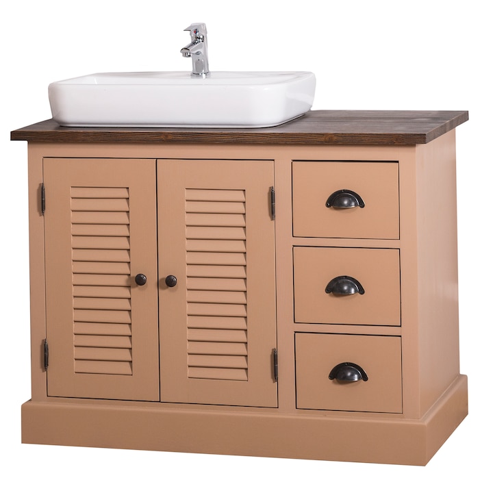 Dulap baie Szel-Mob cu 2 usi lamelare, 3 sertare - lavoarele sunt incluse in pret, culoare dublu color, 100% lemn masiv, 75x100x51 cm