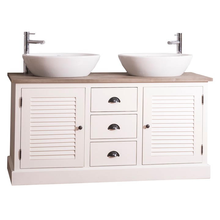 Dulap baie Szel-Mob cu 2 usi lamelare - lavoarele sunt incluse in pret, culoare dublu color, 100% lemn masiv, 75x150x51 cm