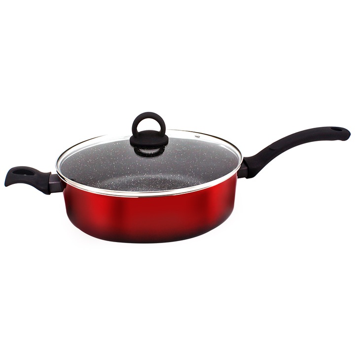 Дълбок тиган с капак zephyr zp 4419 t28cd, 28 см, мраморно покритие, мека дръжка, индукция, червен