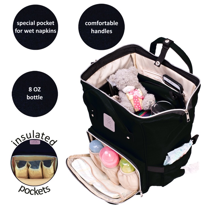 Care Love Devotion Hátizsák Babáknak, gyerekeknek és anyukáknak, női válltáska / babakocsi, utazásszervező szett pelenkával, 45 x 28 x 21 cm, FEKETE