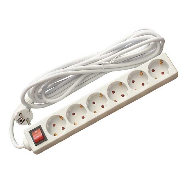 Разклонител C1-H3T, Детска защита, Ключ, 6-ца, 6 гнезда, бял, 5m, 220V, 16A