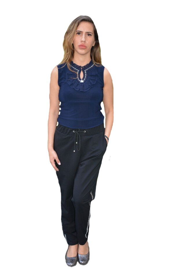 Pantaloni dama,croi lejer,cu elastic la baza si strasuri aplicate,D&J Exclussive,negru, Negru