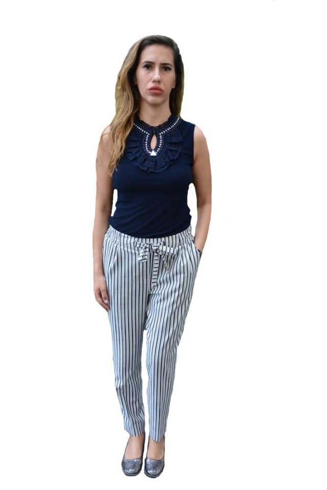 Pantaloni lejeri,croi conic,cordon in talie,D&J Exclussive, Alb-Negru