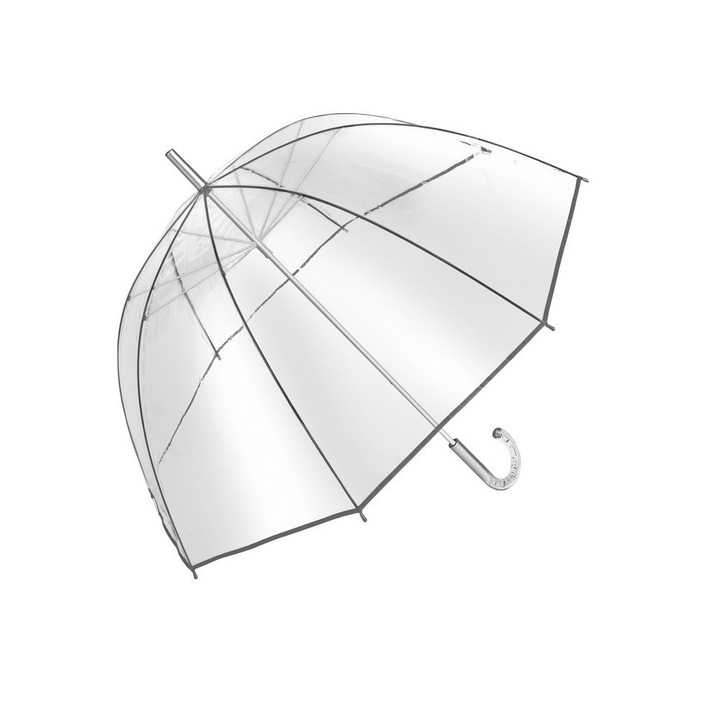 Umbrela transparenta 101 cm, maner curbat, transparent si argintiu, Everestus, UC01BE, metal, poe, saculet de calatorie inclus