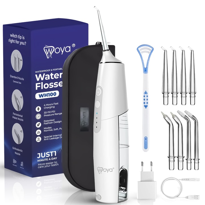 Професионален Орален Иригатор Woya® WH100, Преносим за Орален Душ, 6 Работни Програми, Интелигентна Технология за Почистване, 1400 Импулса/мин, 8 Глави, 200 ml Резервоар, IPX7 Водоустойчив, За Зъбен Камък и Пародонтоза, Бял