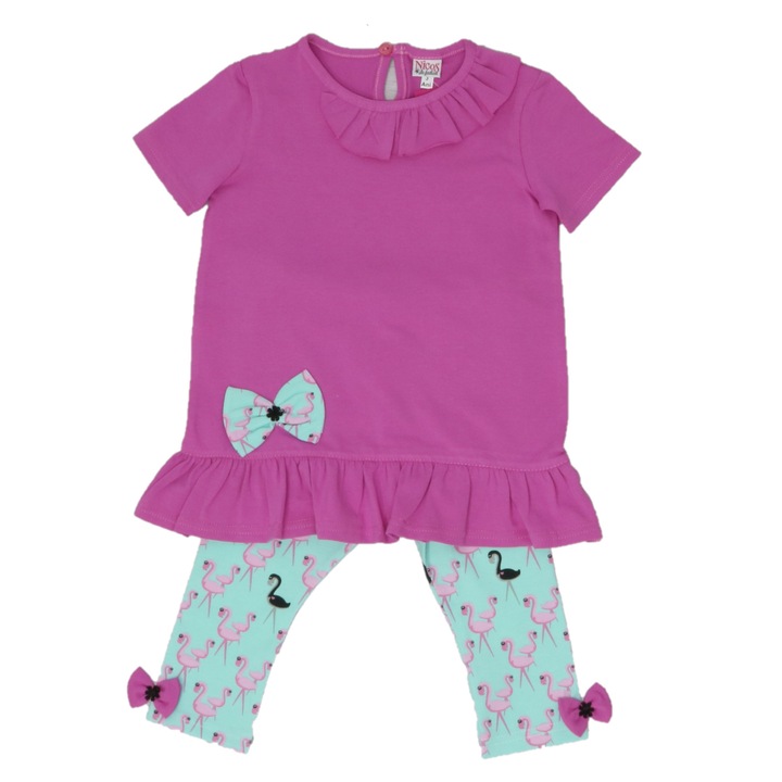 Set tricou si pantaloni trei sferturi imprimati, Nicos Kids Fashion, si turcoaz