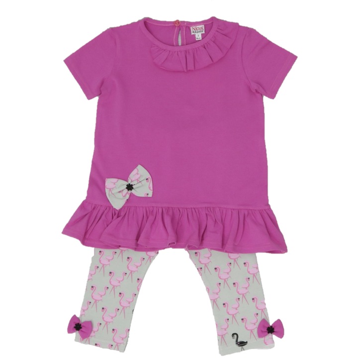 Set tricou si pantaloni trei sferturi imprimati, Nicos Kids Fashion, Flamingo,Fucsia si gri