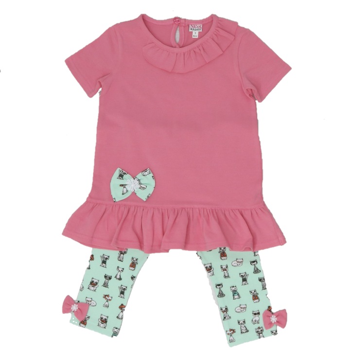 Set tricou si pantaloni trei sferturi imprimati, Nicos Kids Fashion, Pisici, Caramiziu si verde