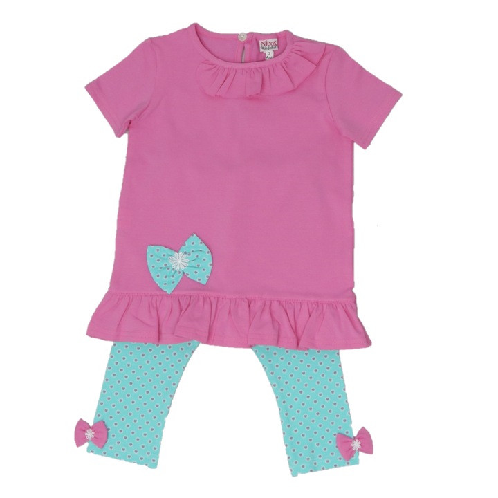 Set tricou si pantaloni trei sferturi imprimati, Nicos Kids Fashion, Inimi, Roz si turcoaz