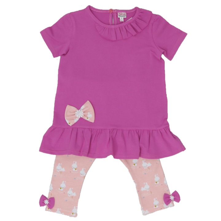 Set tricou si pantaloni trei sferturi imprimati, Nicos Kids Fashion, Iepuri, Fucsia si roz