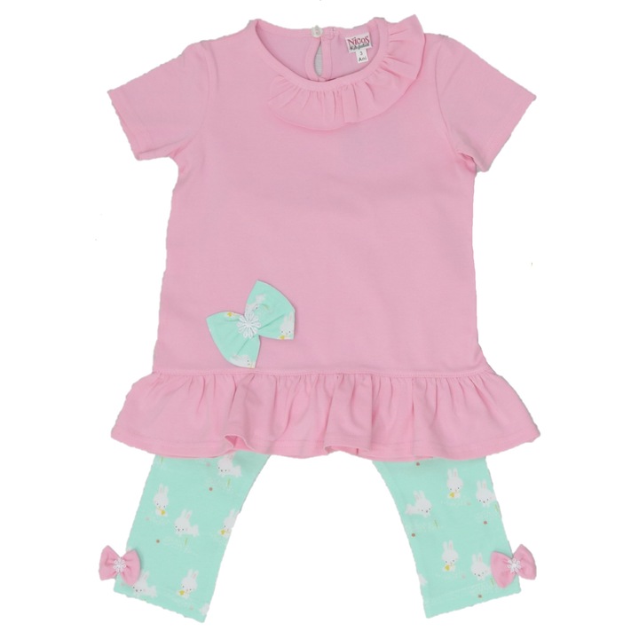 Set tricou si pantaloni trei sferturi imprimati, Nicos Kids Fashion, Iepuri, Roz si verde