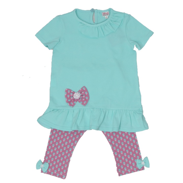 Set tricou si pantaloni trei sferturi imprimati, Nicos Kids Fashion, Flori, Turcoaz si roz