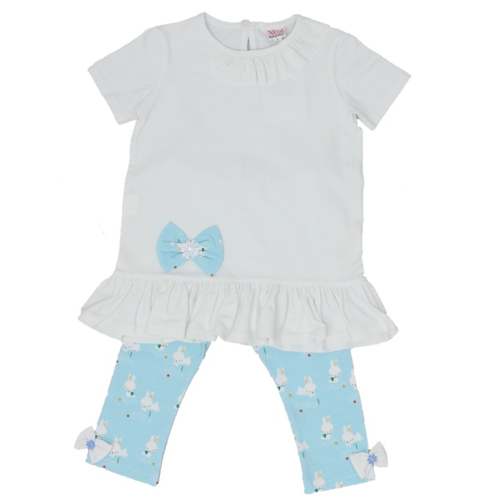 Set tricou si pantaloni trei sferturi imprimati, Nicos Kids Fashion, 3 ani, Iepuri, Alb si bleu