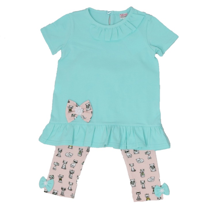Set tricou si pantaloni trei sferturi imprimati, Nicos Kids Fashion, 3 ani, Pisici, Turcoaz si roz