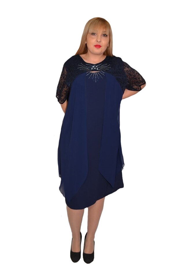 Rochie rafinata Raelynn cu aplicatii de strasuri, dantela la brate,D&J Exclussive, Bleumarin