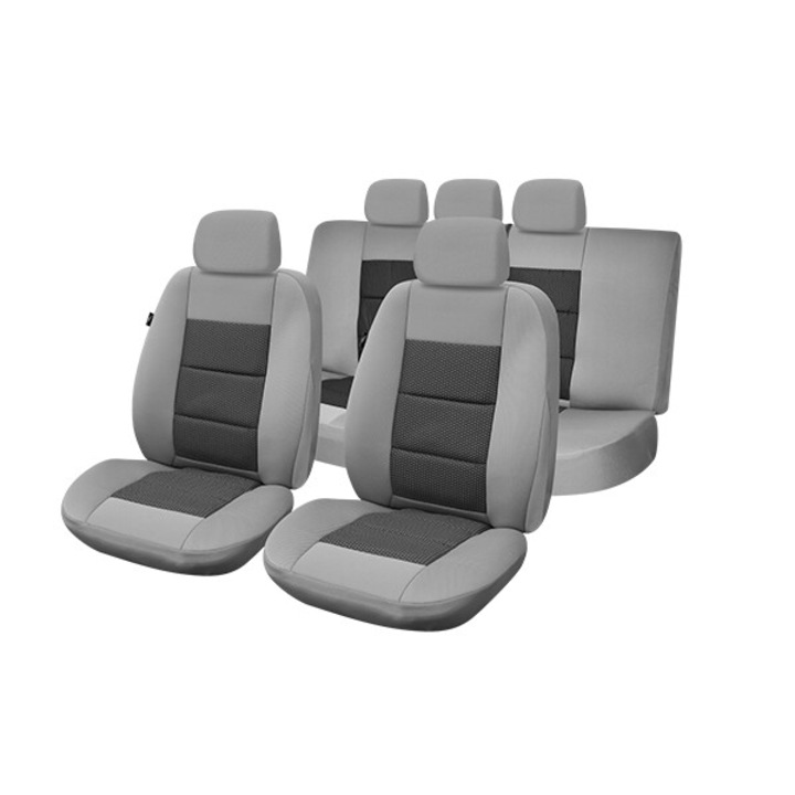 Универсални калъфи за автомобилни седалки, Premium Lux, Текстил, 11 части, Сиво/Черно, UMB-4