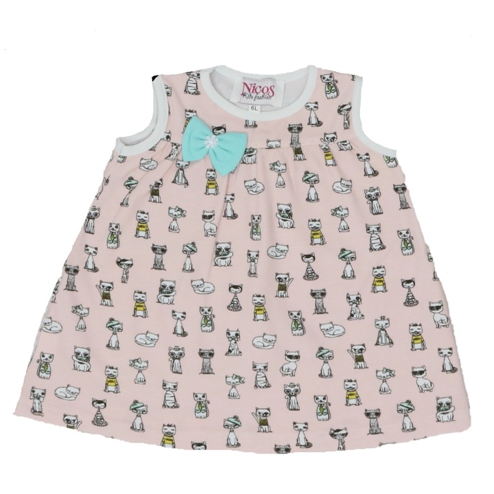 Rochie fete bumbac imprimat, Nicos Kids Fashion, Pisicute, Roz