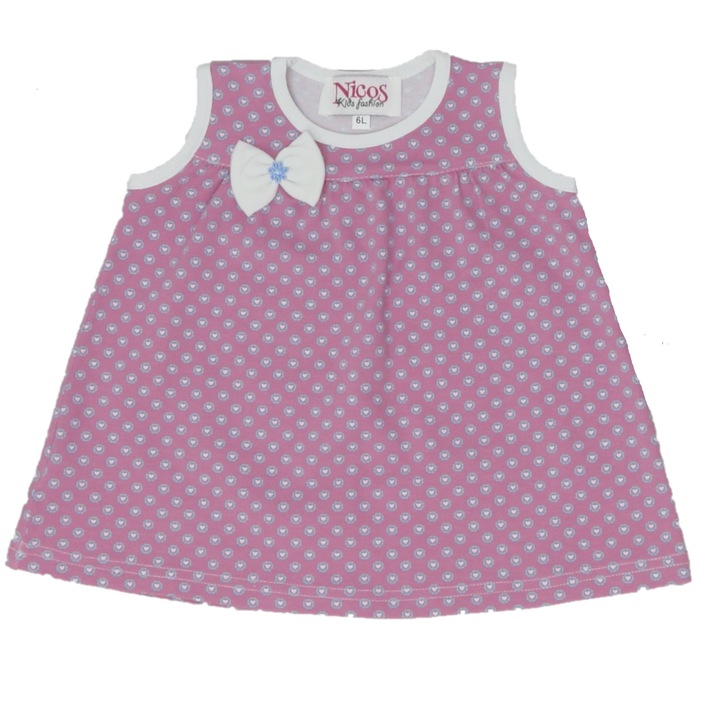 Rochie fete bumbac imprimat, Nicos Kids Fashion, Inimi, Roz