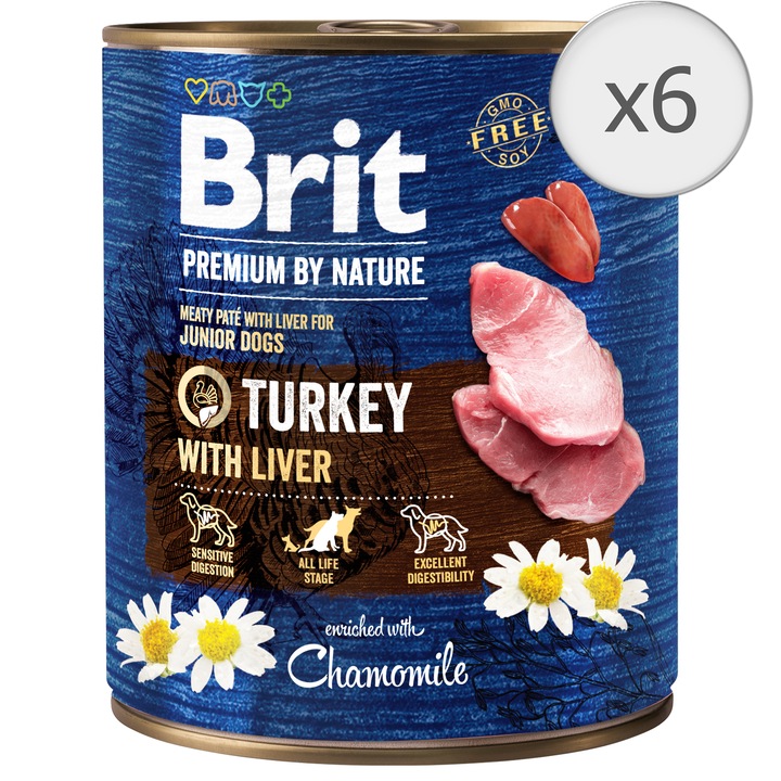 Hrana umeda pentru caini Brit Premium Junior, Turkey With Liver, 6 x 800g