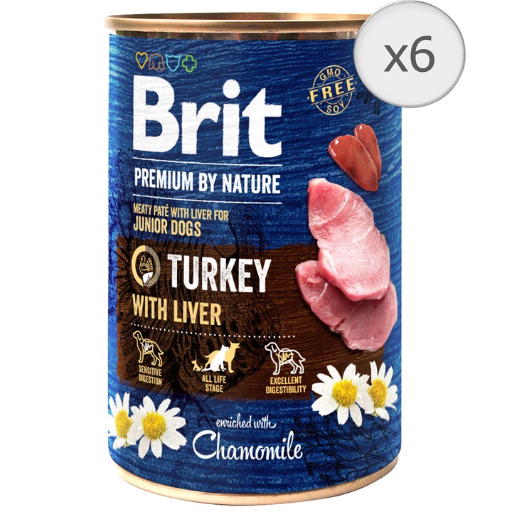 Hrana umeda pentru caini Brit Premium Junior, Turkey With Liver, 6 x 400g